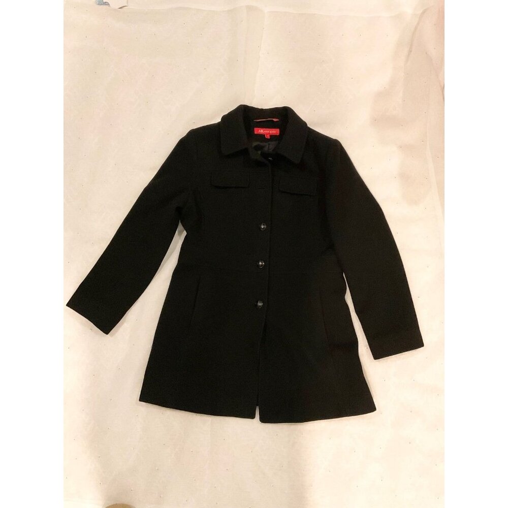 Anne Klein Women's 100% Wool Black Long Coat Size M bust 38 Button Down